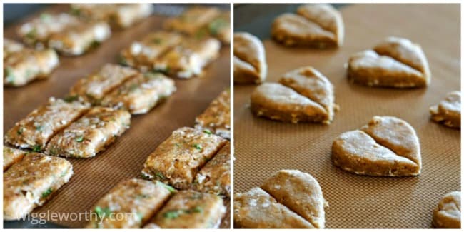Dog treats scored with sharp knife prior to baking to make them easy to break into smaller portions. Dog treats scored with sharp knife prior to baking to make them easy to break into smaller portions.