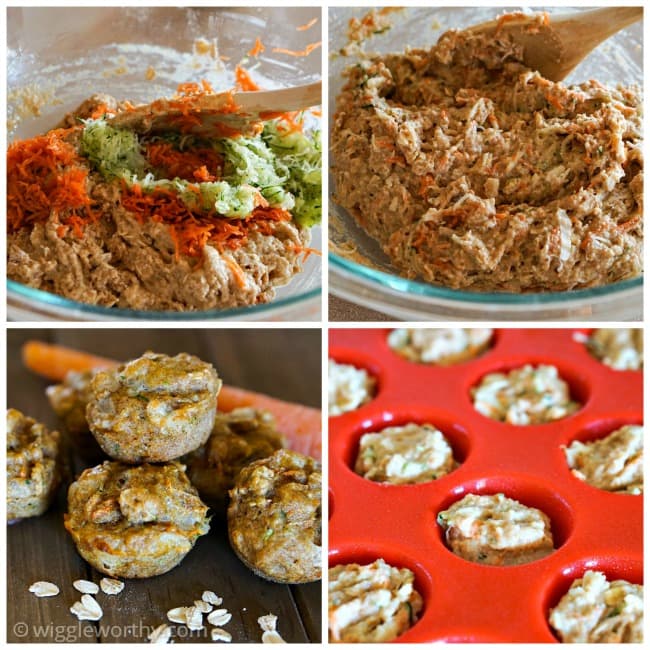 Photo collage showing steps taken to make carrot zucchini pupcakes Photo collage showing steps taken to make carrot zucchini pupcakes