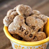 Cheesy chicken dog treats in yellow patterned bowl