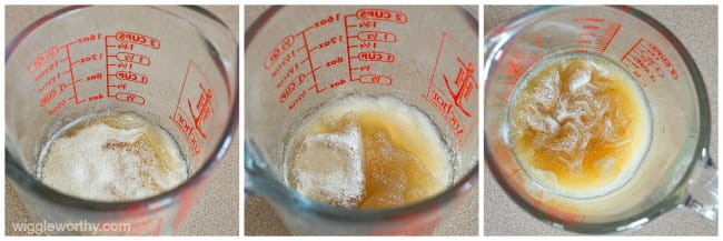 Powdered gelatin 'blooming' while being absorbed by liquid Powdered gelatin 'blooming' while being absorbed by liquid