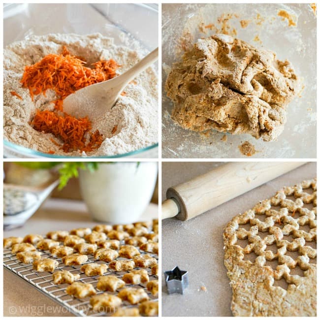 Photo collage of steps taken when baking multi-grain dog treats Photo collage of steps taken when baking multi-grain dog treats