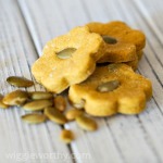 Peanut Butter and pumpkin dog treats on white board with pumpkin seeds