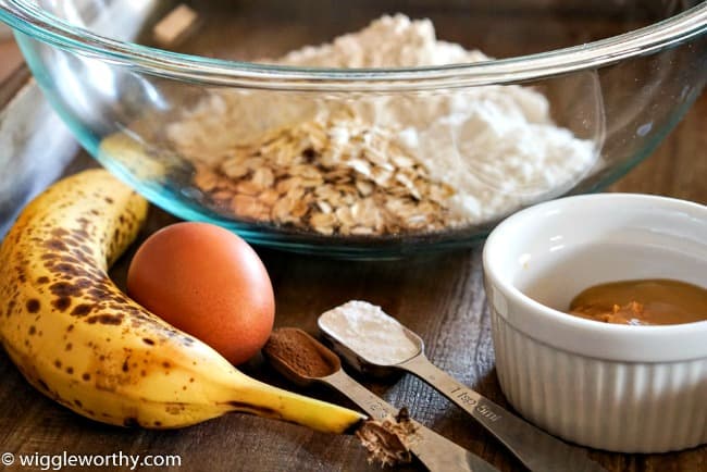 Gluten free peanut butter dog treat recipe ingredients on wooden tray