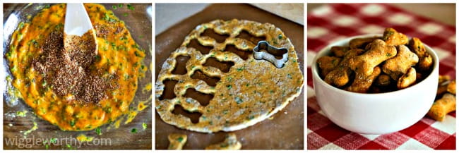 Photo collage of steps used when making carrot and cheese dog treats
