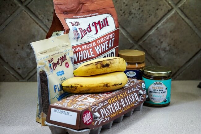 Ingredients used to make peanut butter and banana dog treat recipe