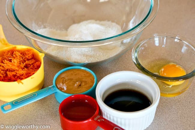 Ingredients for making peanut butter carrot pupcakes