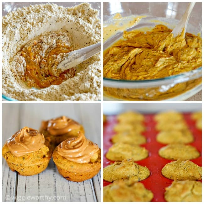 Photo collage showing steps taken when making homemade pumpkin carrot pupcakes