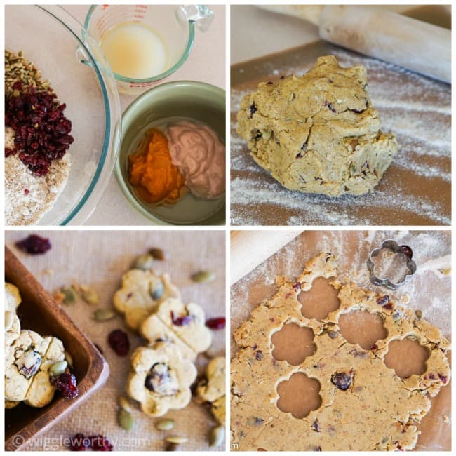 Picture collage of steps taken when making pumpkin cranberry turkey dog treats Picture collage of steps taken when making pumpkin cranberry turkey dog treats